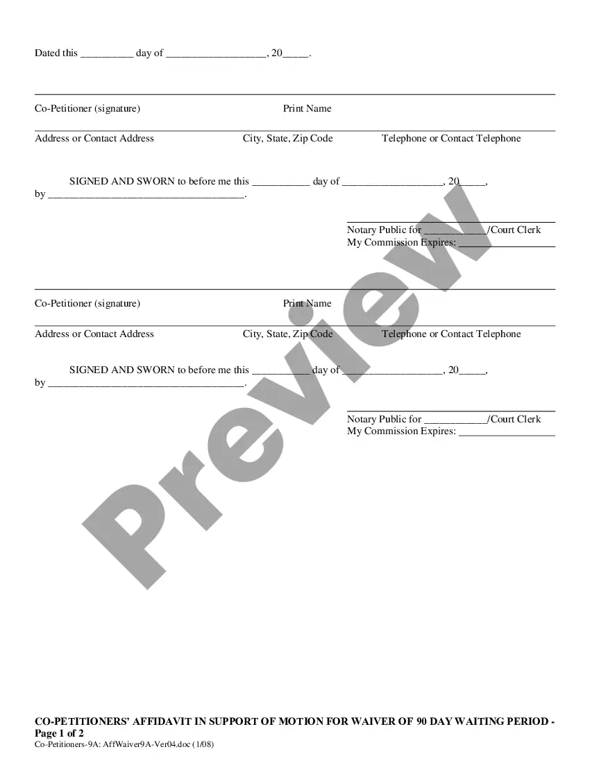 Preview Co-Petitioners' (with minor children) Affidavit in Support of Motion for Waiver of 90 Day Waiting Period