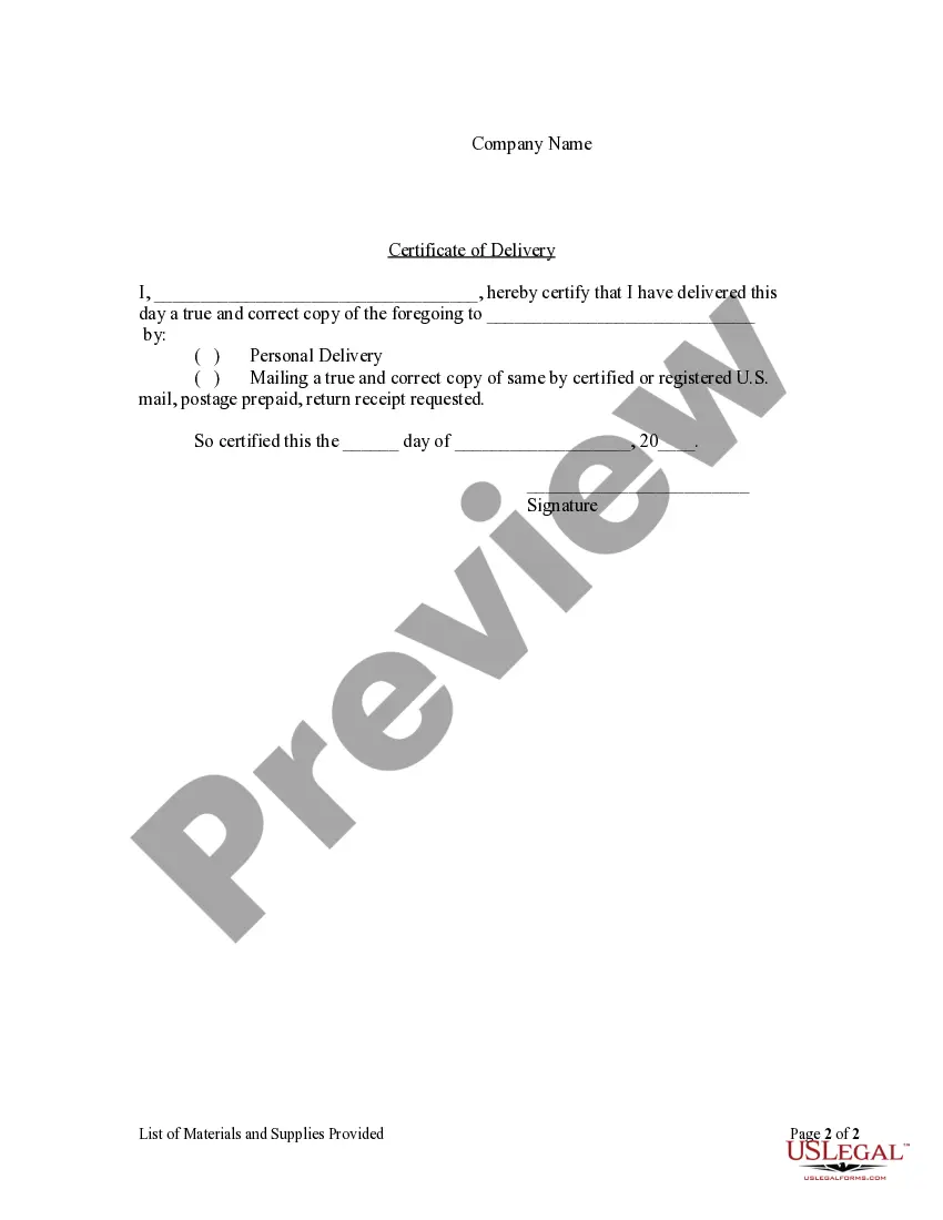 Preview List of Material and Supplies Provided - Corporation