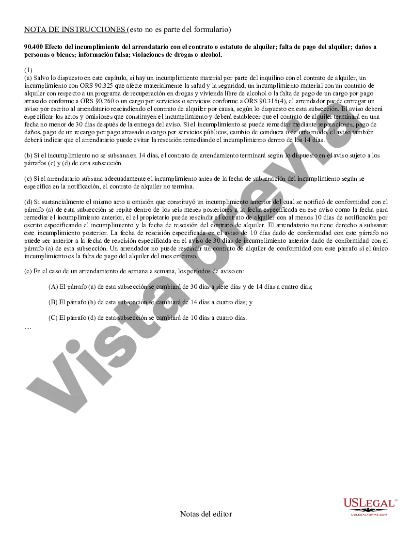 Preview Aviso de 30 días para subsanar el incumplimiento o la rescisión del contrato de arrendamiento - Aparte de la falta de pago del alquiler -