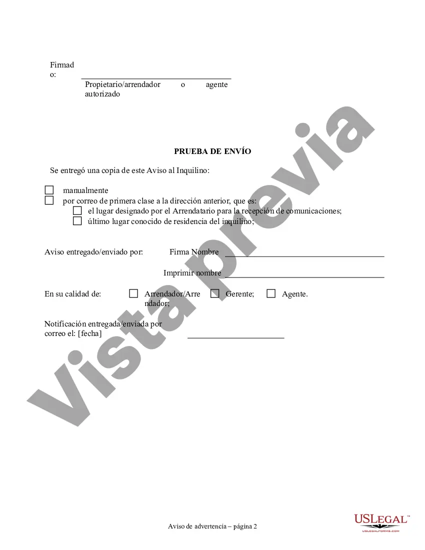 Preview Aviso de incumplimiento en el pago del alquiler como advertencia previa a la demanda de pago o rescisión de la propiedad residencial