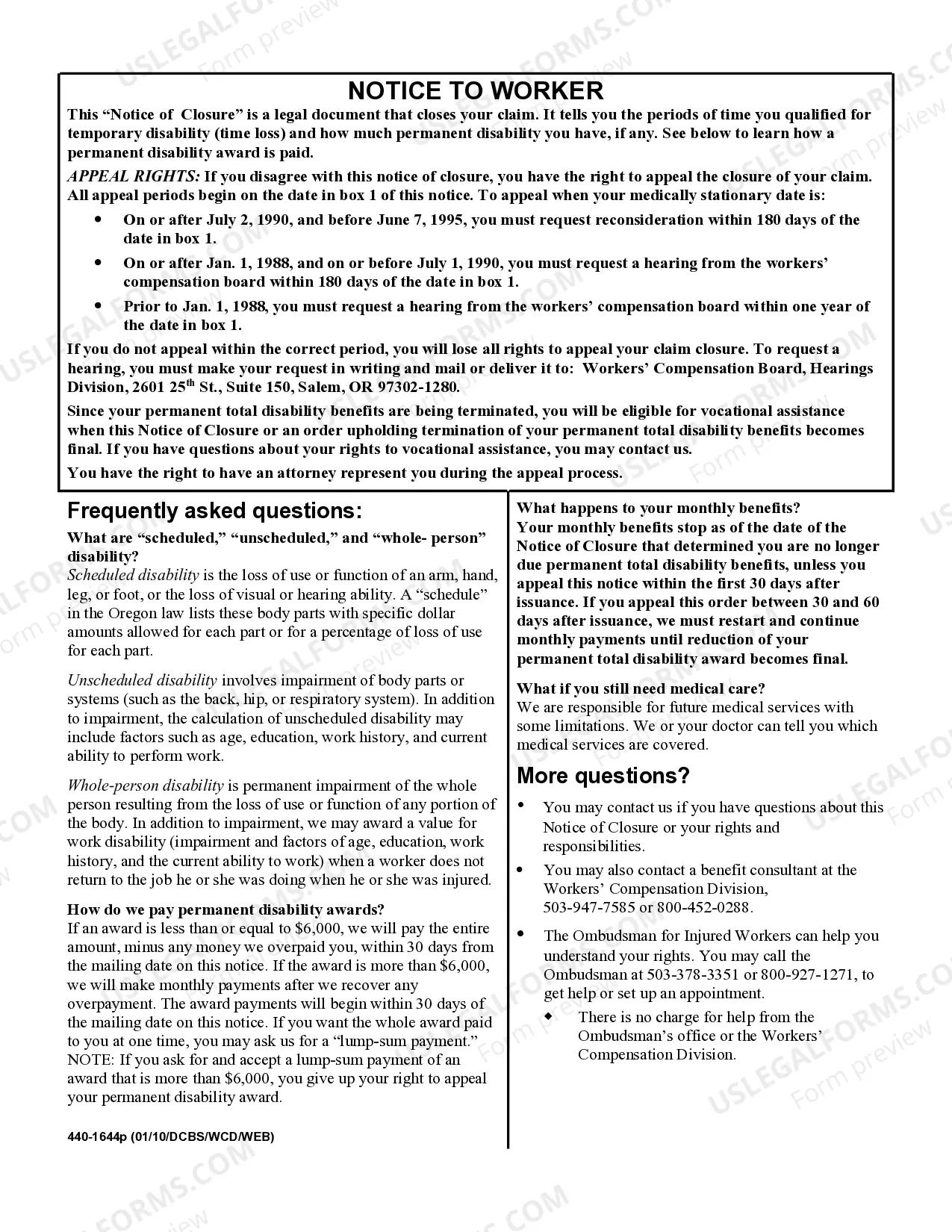 Preview Notice of Closure - Permanent Total Disability Reduction