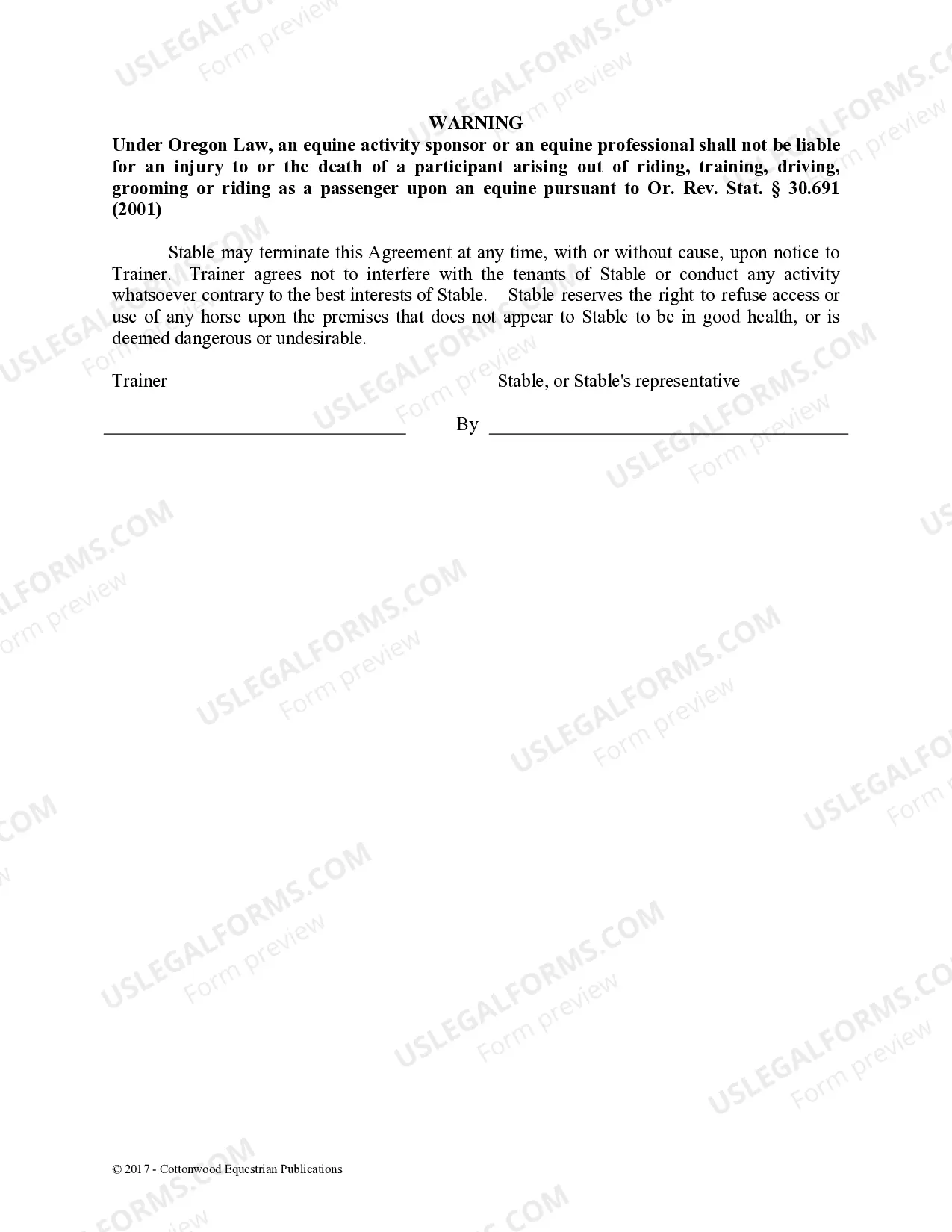 Preview Trainer's Facility Use Agreement - Horse Equine Forms