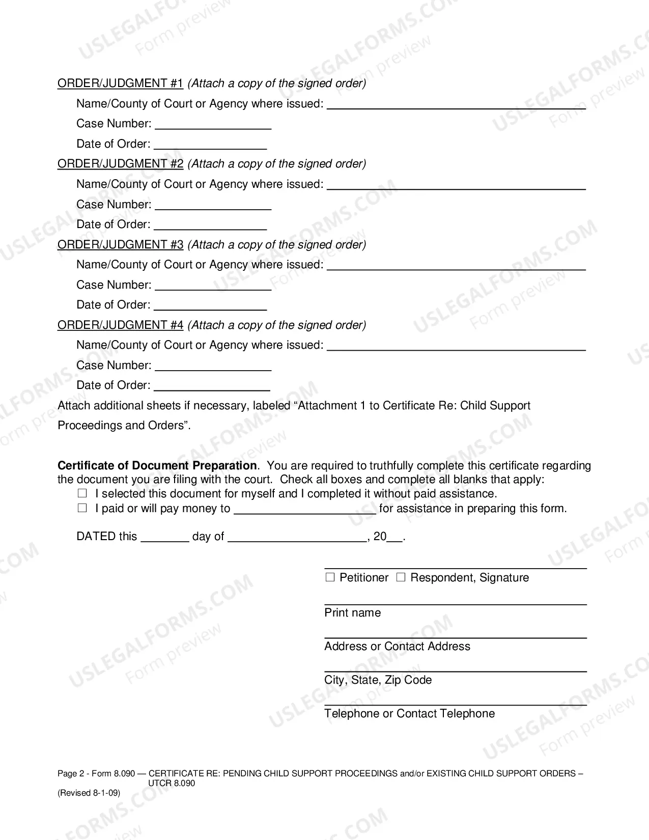 Preview Certificate regarding Pending Child Support Proceedings and or Existing Child Support Orders - Judgments (UTCR 8.090)