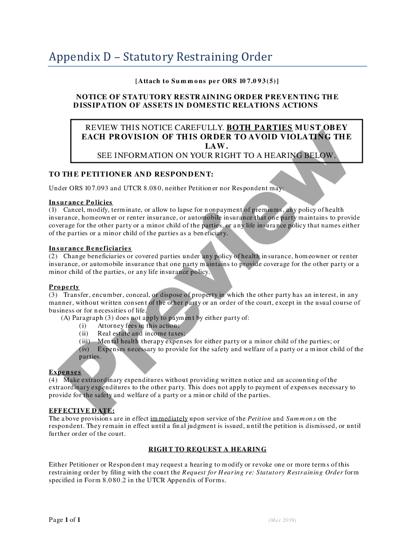 Oregon Notice of Statutory Restraining Order Preventing the Dissipation