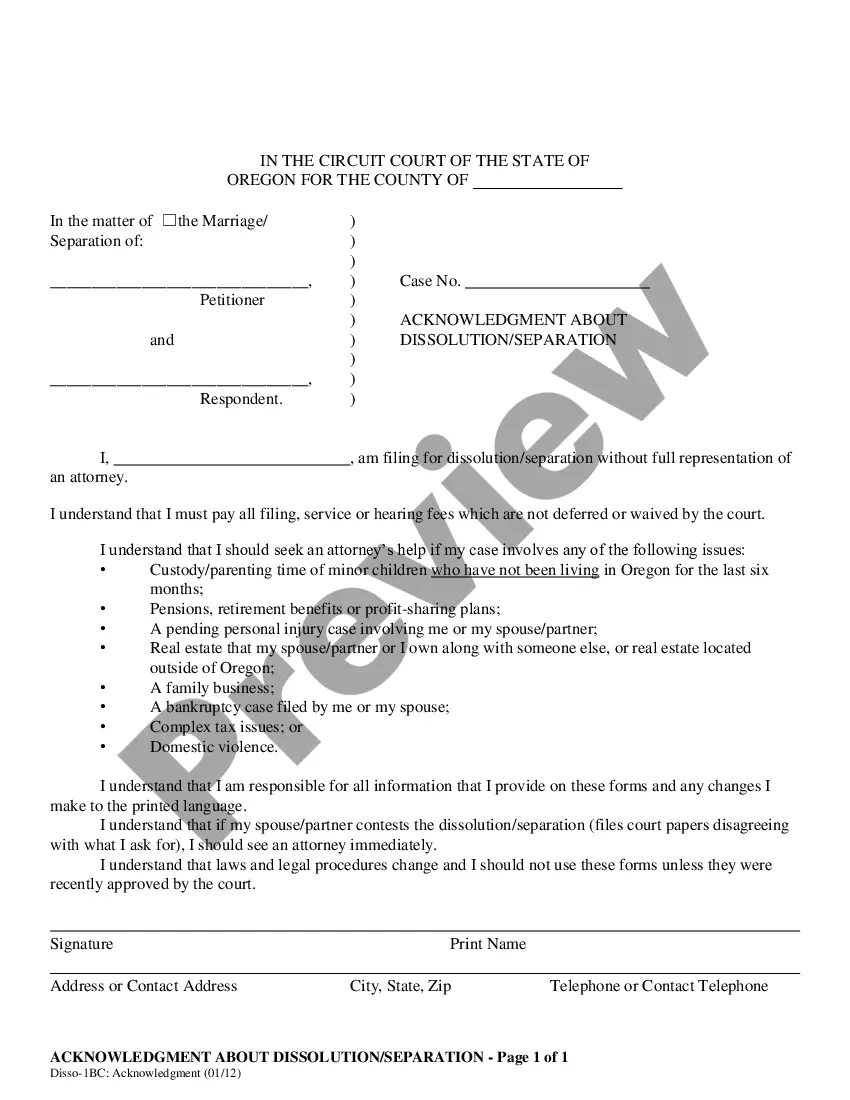 Get Acknowledgment About Dissolution / Divorce / Separation Preview Acknowledgment About Dissolution / Divorce / Separation