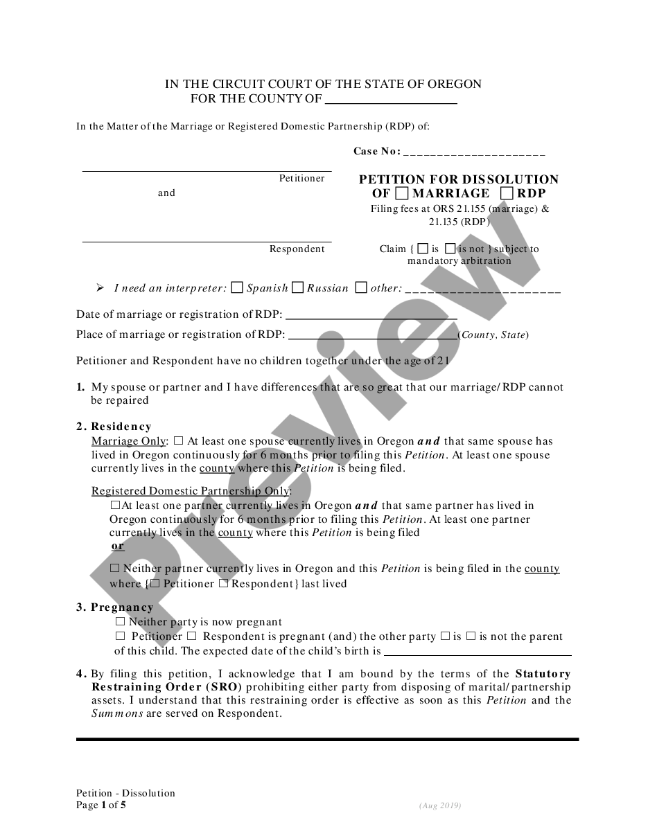 page 0 Petition for Dissolution of Marriage preview