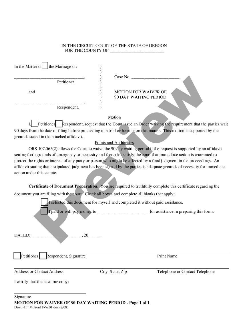 Oregon Motion for Waiver of 90 Day Waiting Period - Divorce Online ...