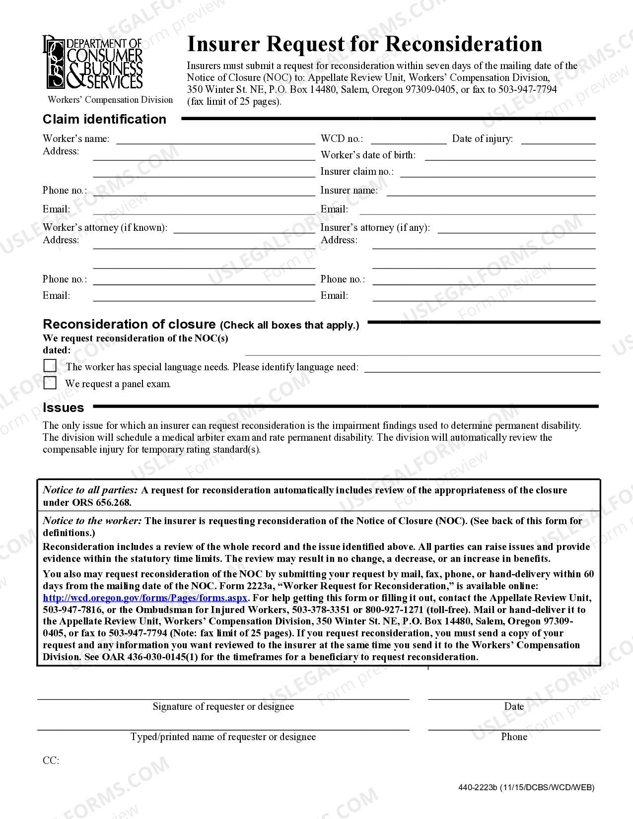 Oregon Insurer Request for Reconsideration US Legal Forms