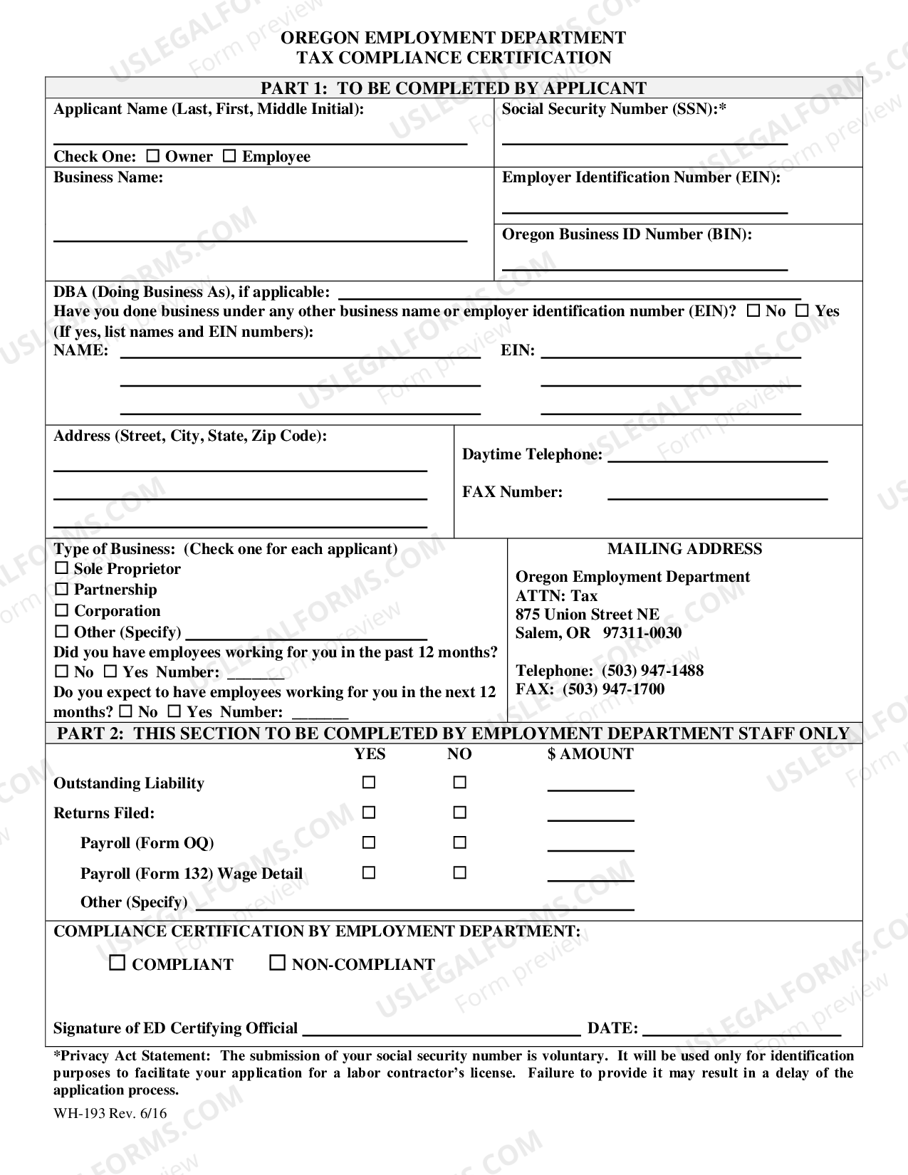 Oregon Employment Department Tax Compliance Certification US Legal Forms