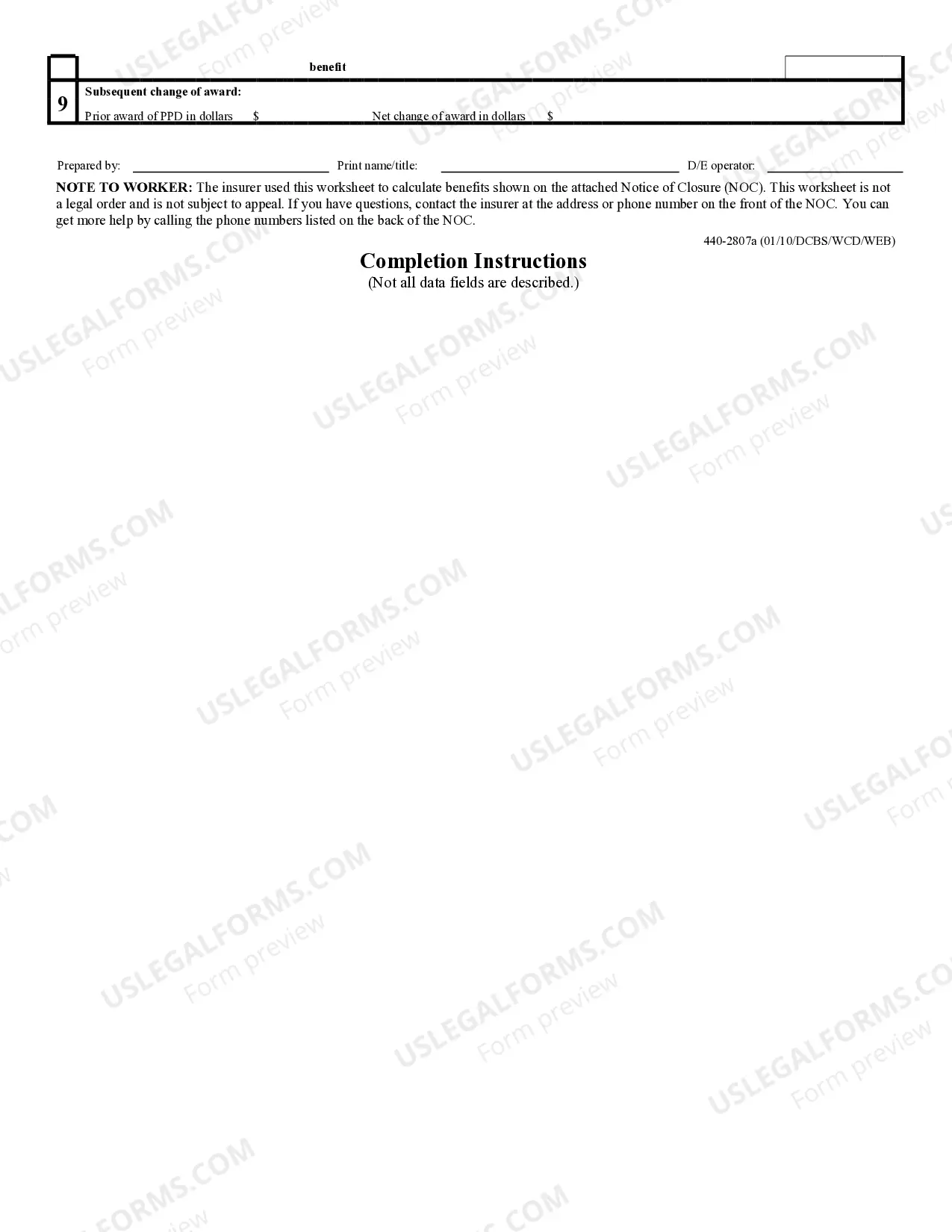 Preview Notice of Closure Worksheet - Injury On or After January 1, 2005