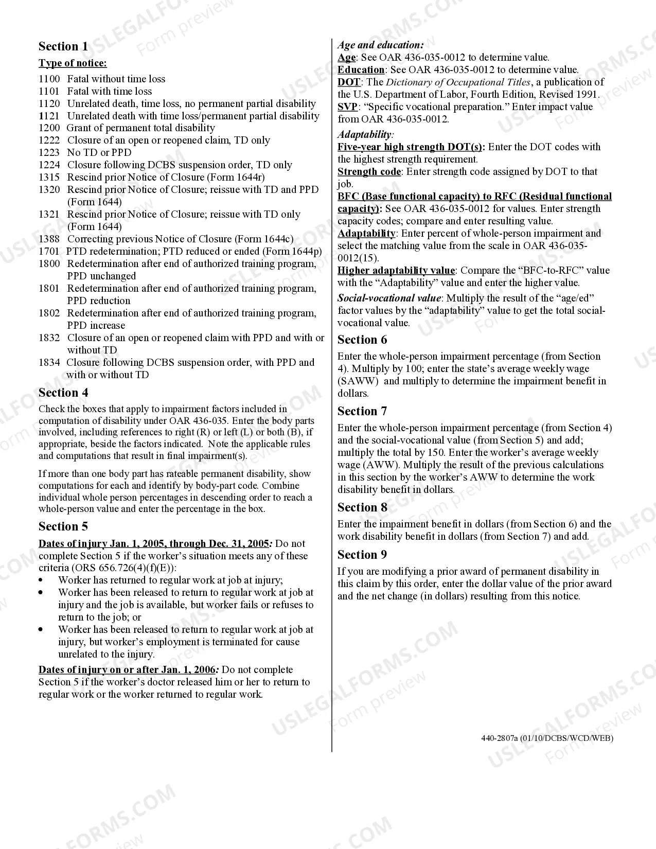 Preview Notice of Closure Worksheet - Injury On or After January 1, 2005