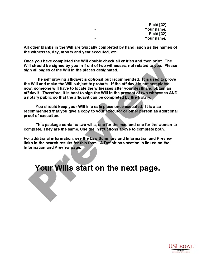 Preview Mutual Wills containing Last Will and Testaments for Man and Woman living together not Married with No Children