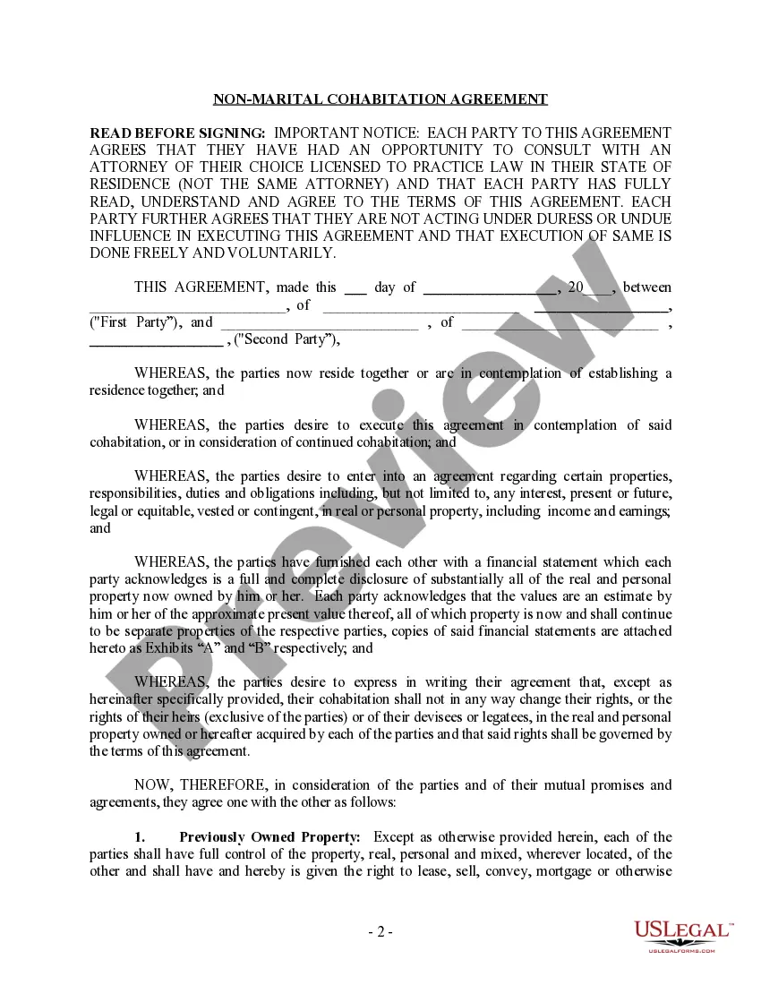 Preview Non-Marital Cohabitation Living Together Agreement