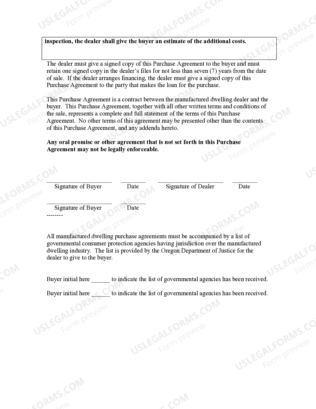 Preview Manufactured Dwelling Purchase Agreement