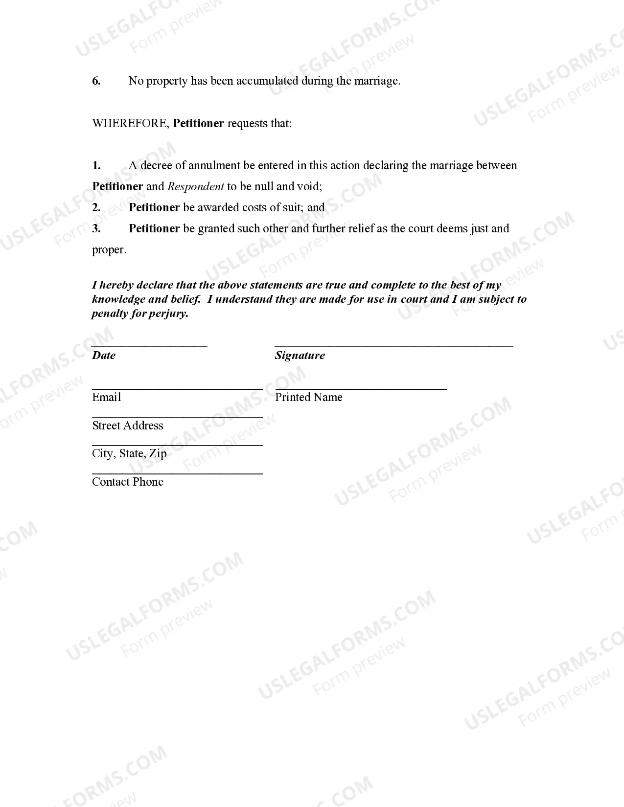 Preview Complaint for Annulment of Marriage or Registered Domestic Partnership