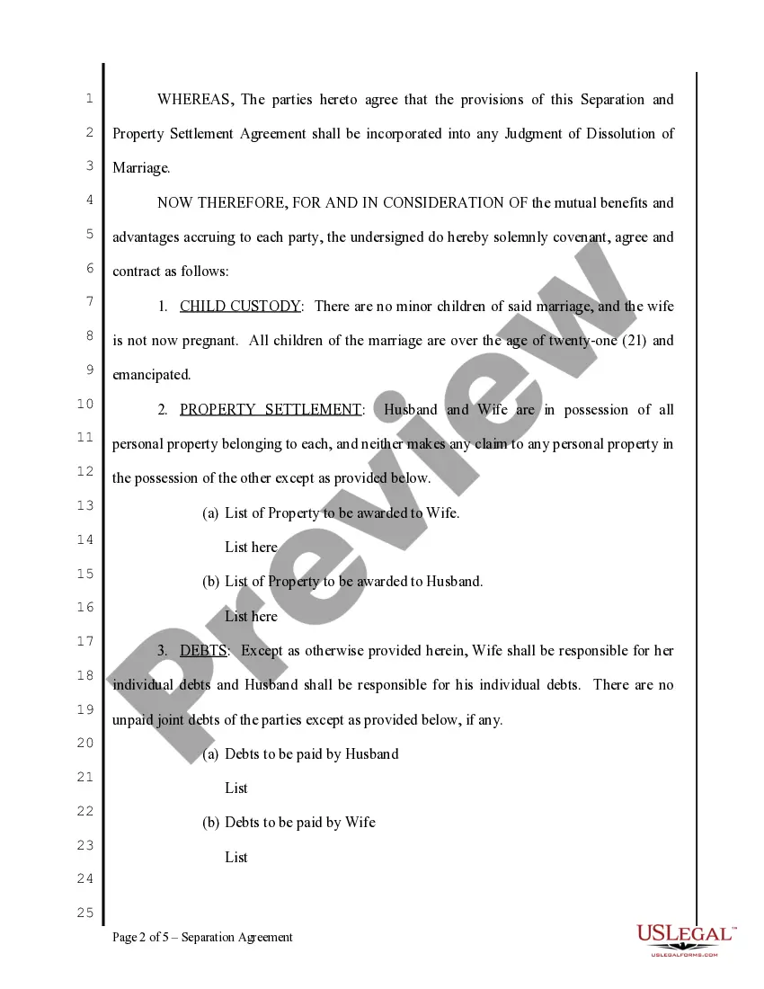 Preview Separation and Property Agreement with Adult Children