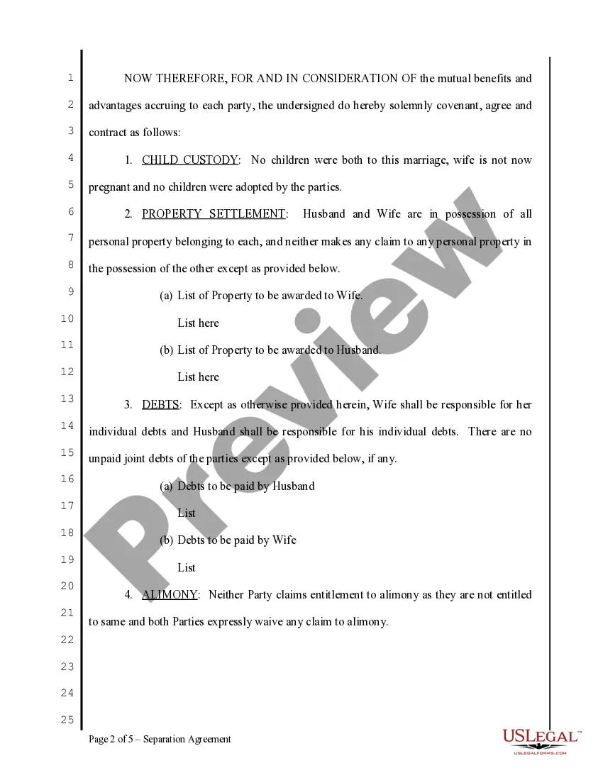 Preview Separation and Property Agreement - No Children