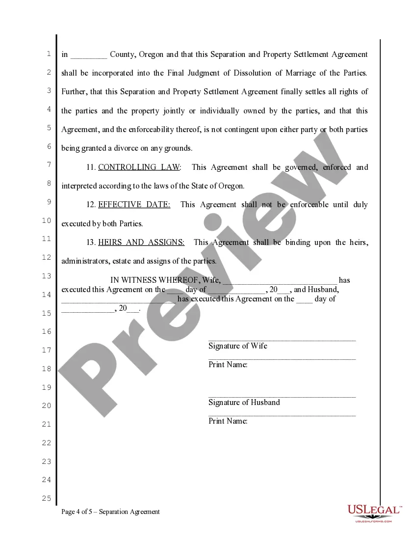Preview Separation and Property Agreement - No Children