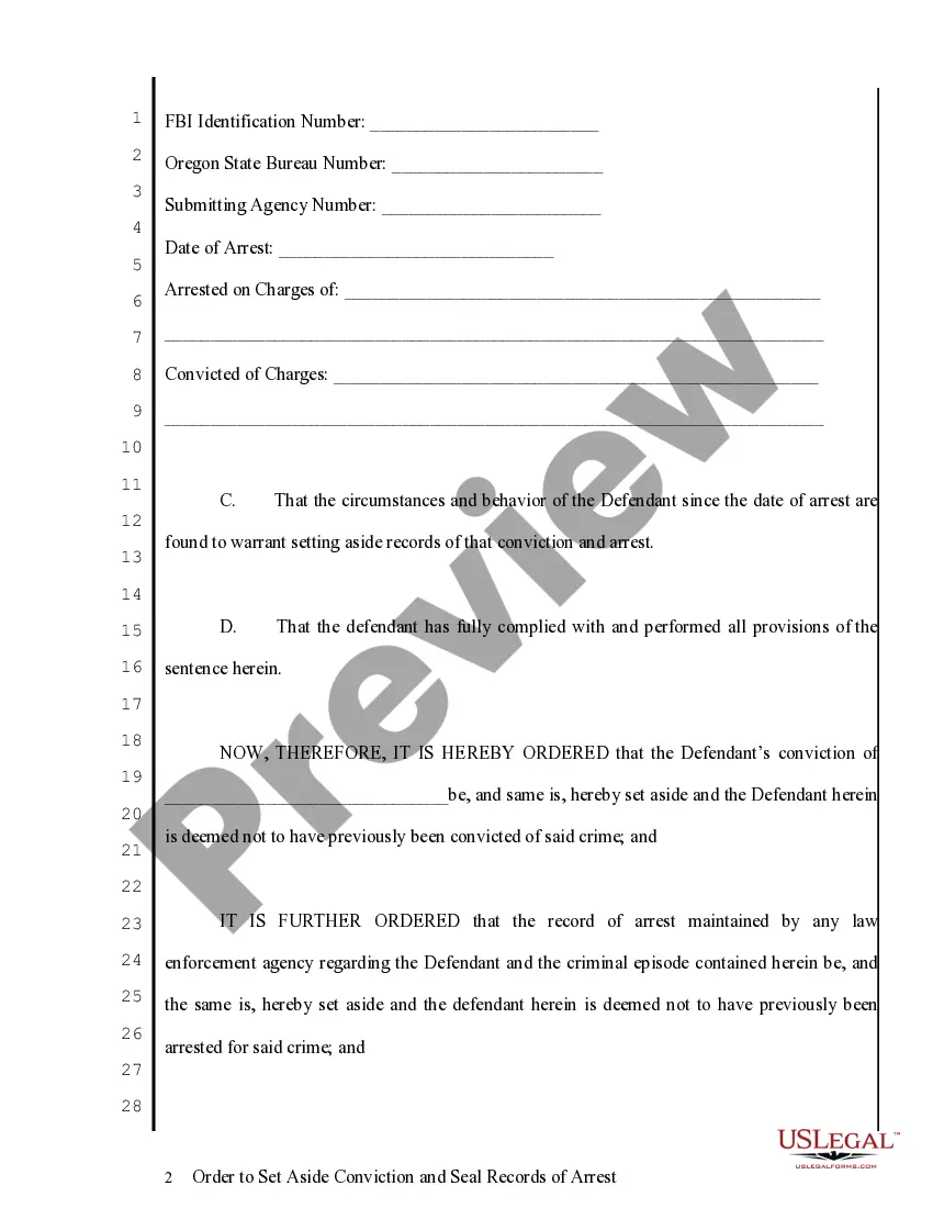 Preview Order to Set Aside Conviction and Seal Records of Arrest pursuant to ORS 137.225