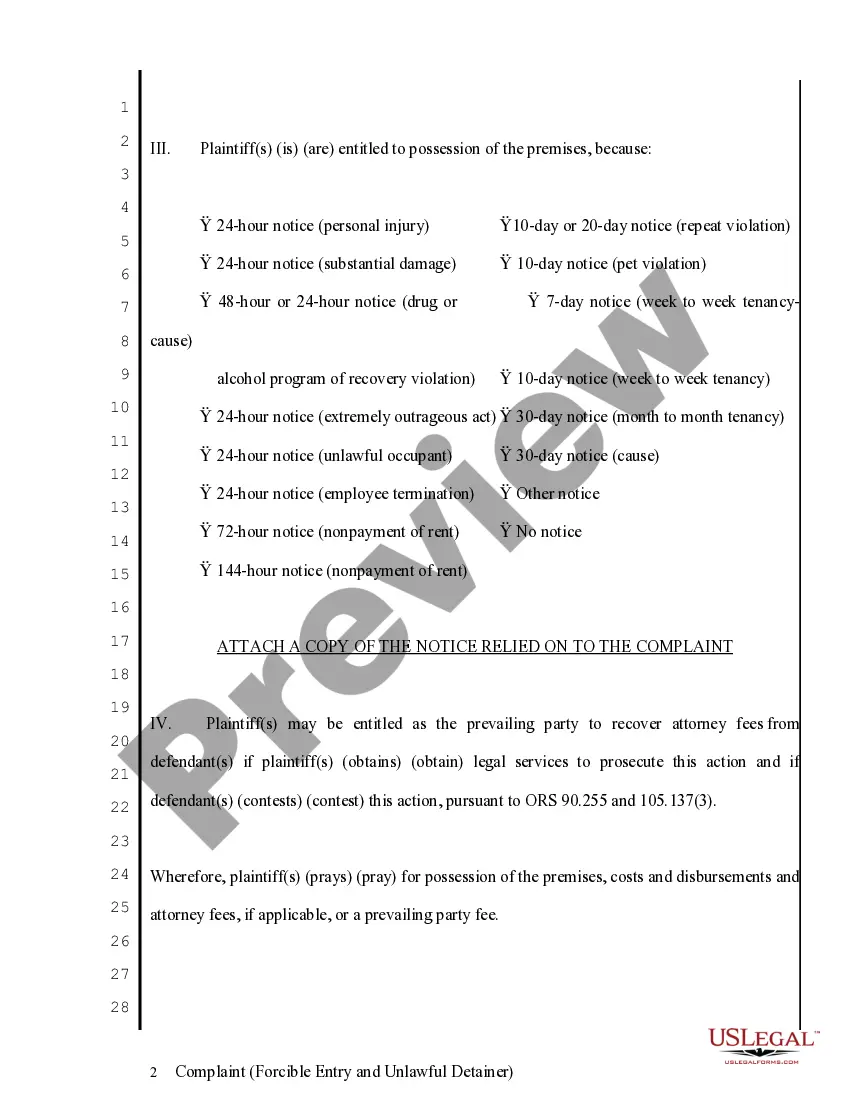 Preview Complaint regarding Forcible Entry and Unlawful Detainer