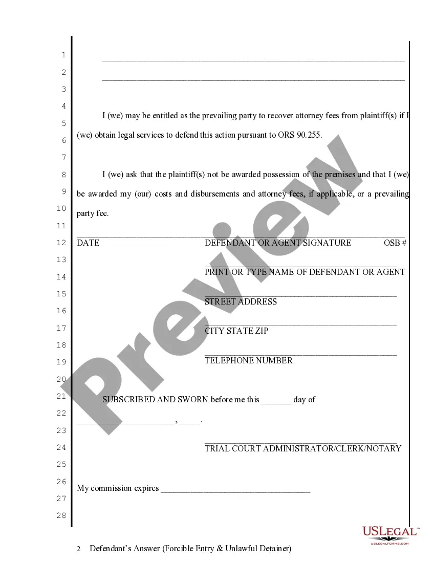 Preview Defendants Answer - Forcible Entry and Unlawful Detainer
