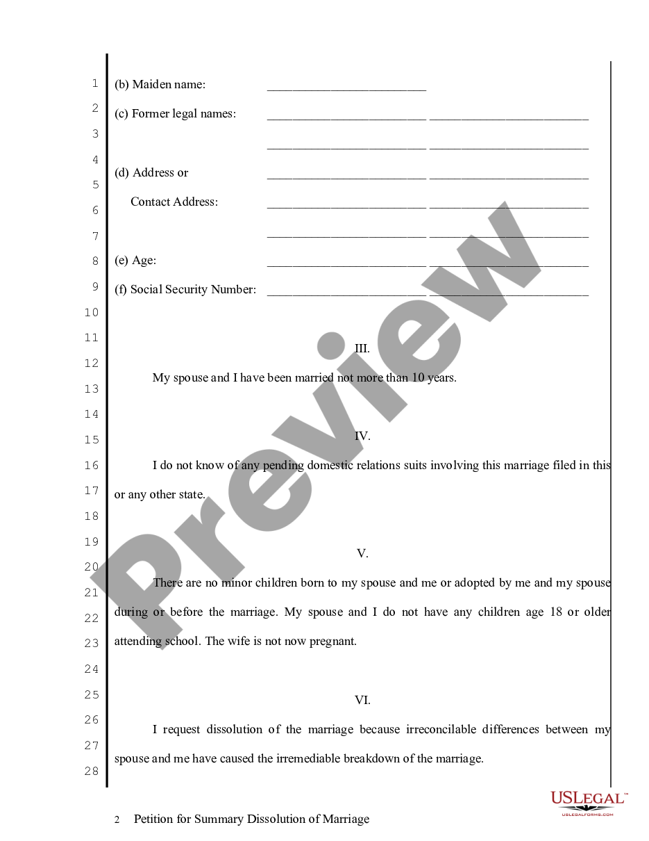 page 1 Petition for Summary Dissolution of Marriage - No Fault preview