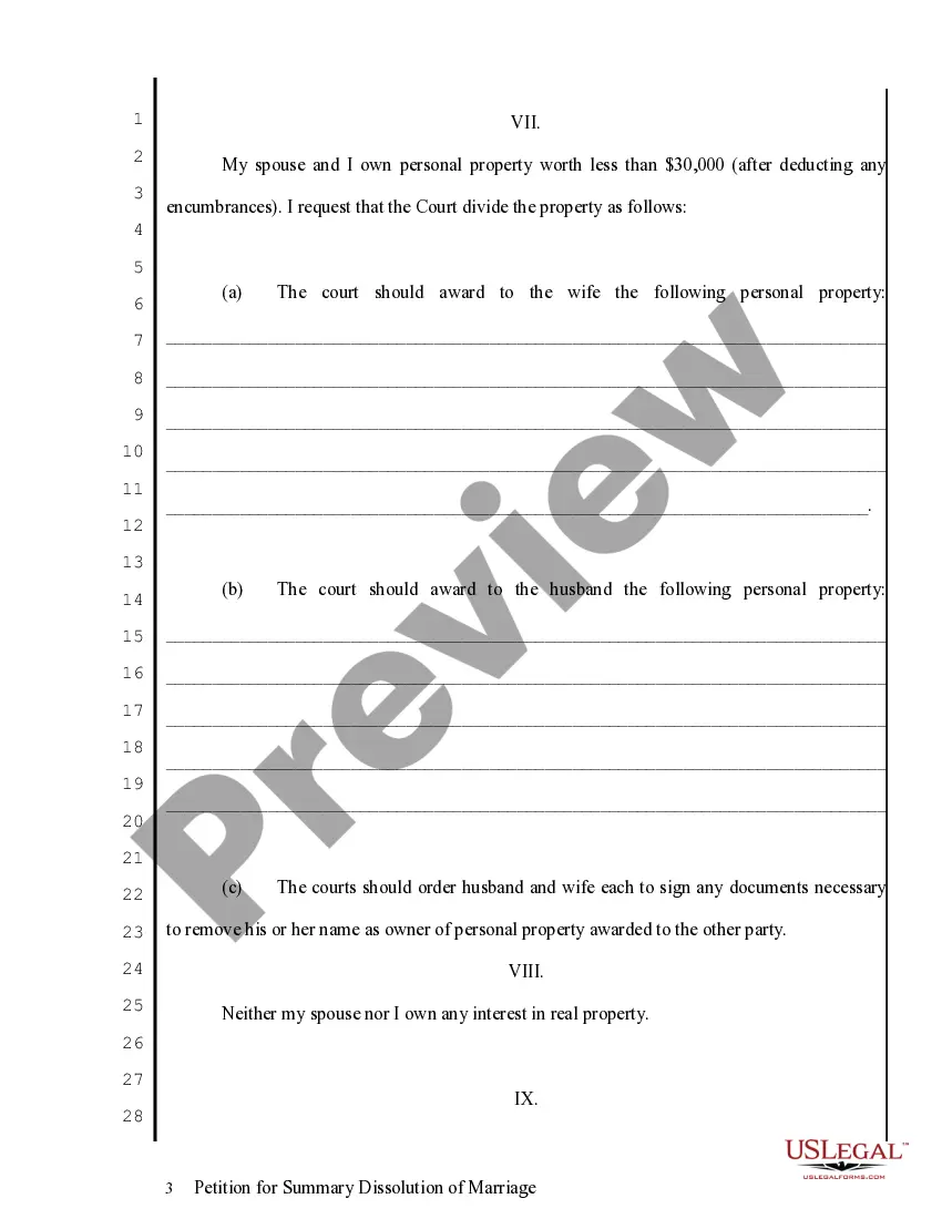 Preview Petition for Summary Dissolution of Marriage - No Fault