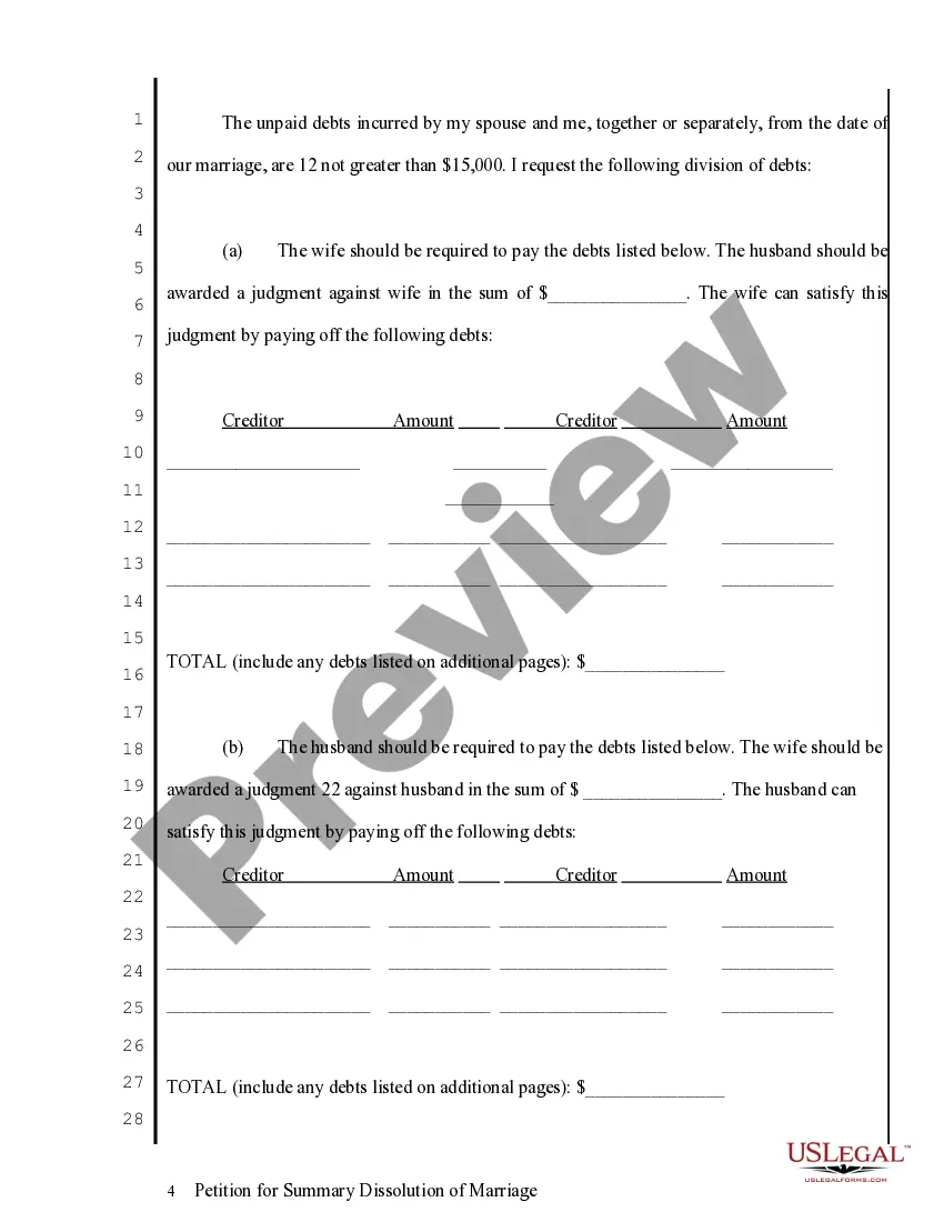 Preview Petition for Summary Dissolution of Marriage - No Fault