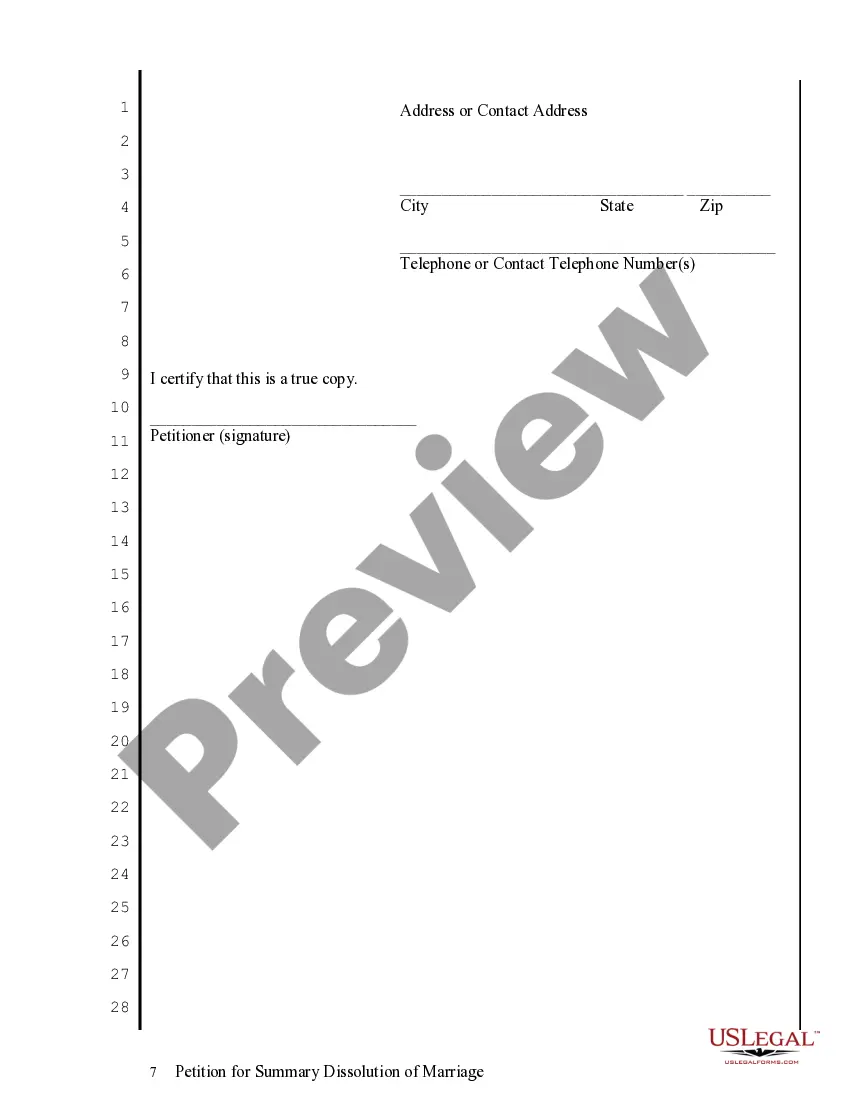 Preview Petition for Summary Dissolution of Marriage - No Fault