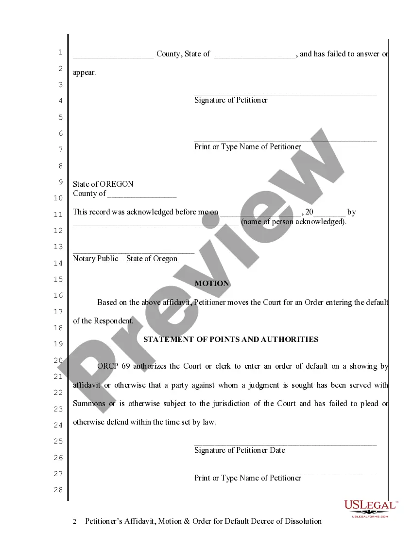 Preview Petitioner's Affidavit, Motion and Order for Default Decree of Dissolution