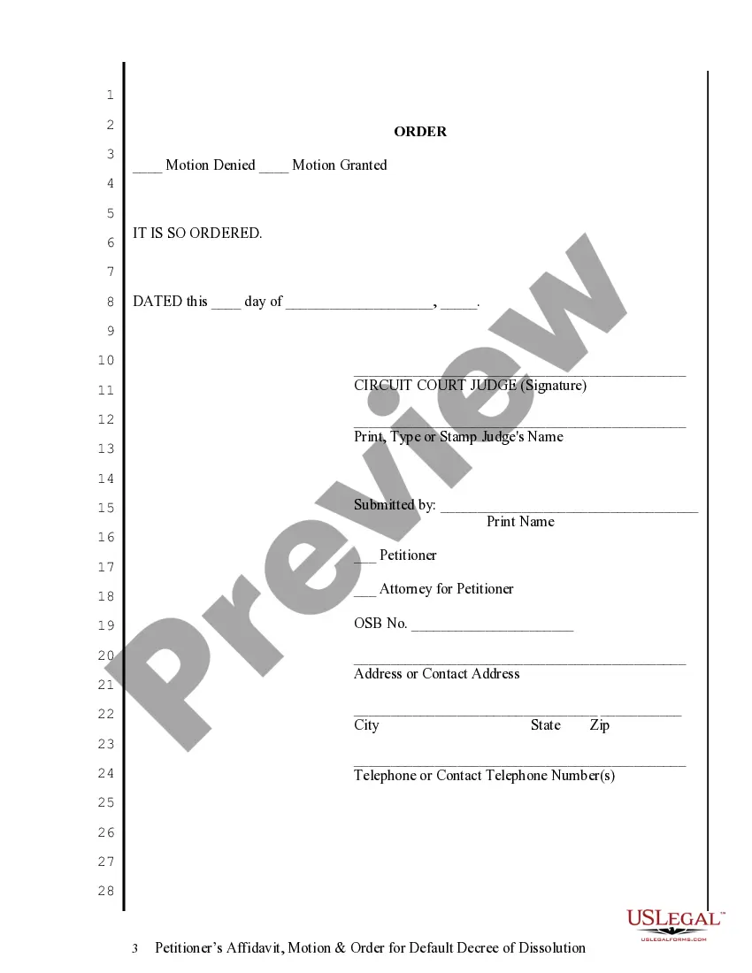 Preview Petitioner's Affidavit, Motion and Order for Default Decree of Dissolution