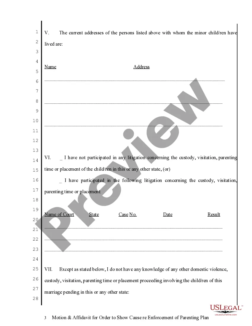 Get Motion and Affidavit for Order to Show Cause regarding Enforcement of Parenting Preview Motion and Affidavit for Order to Show Cause regarding Enforcement of Parenting