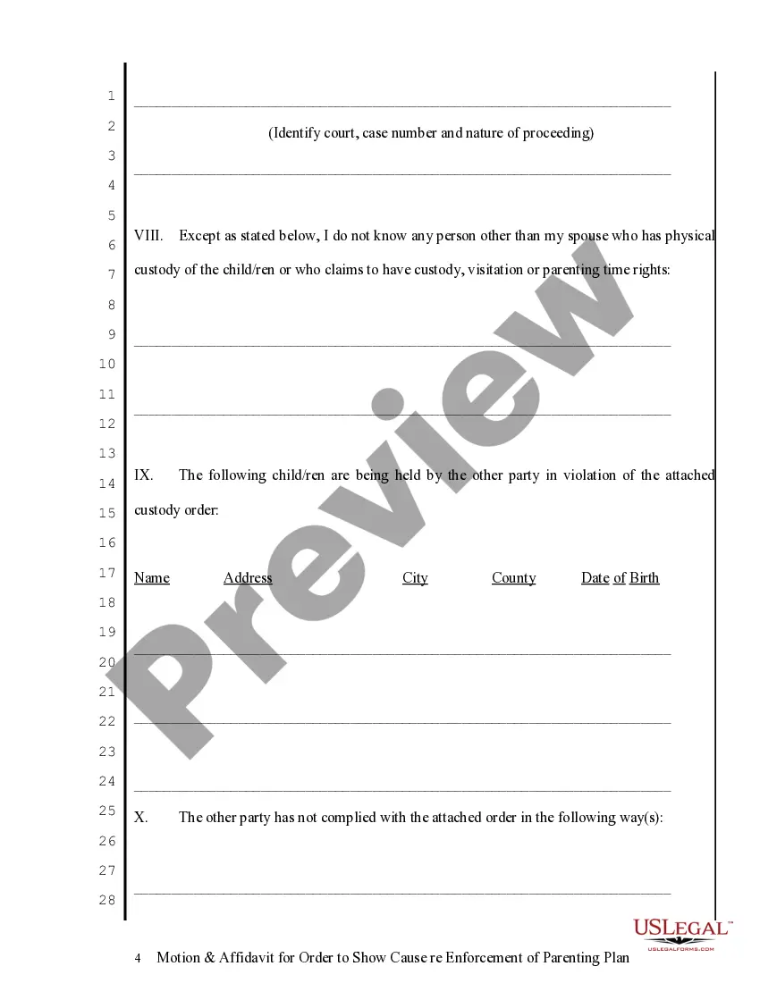 Get Motion and Affidavit for Order to Show Cause regarding Enforcement of Parenting Preview Motion and Affidavit for Order to Show Cause regarding Enforcement of Parenting