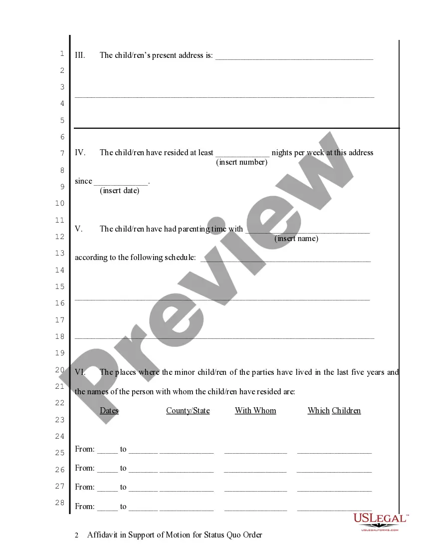 Preview Affidavit in Support of Motion for Status Quo