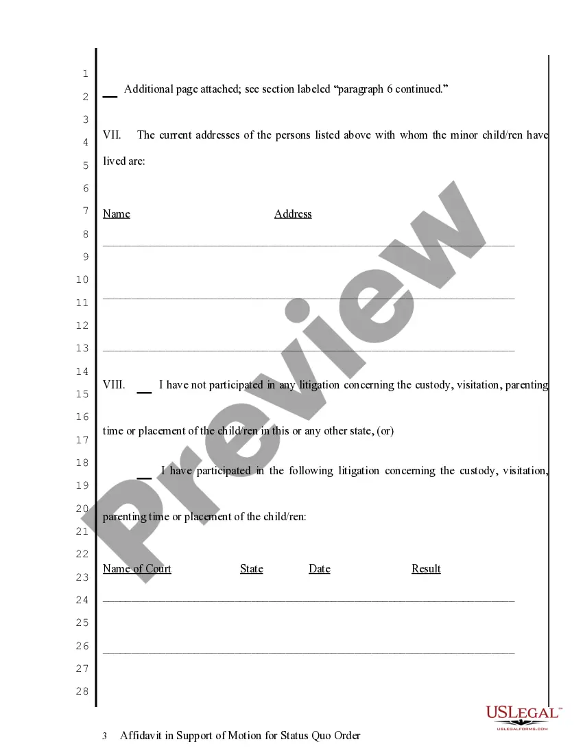 Preview Affidavit in Support of Motion for Status Quo