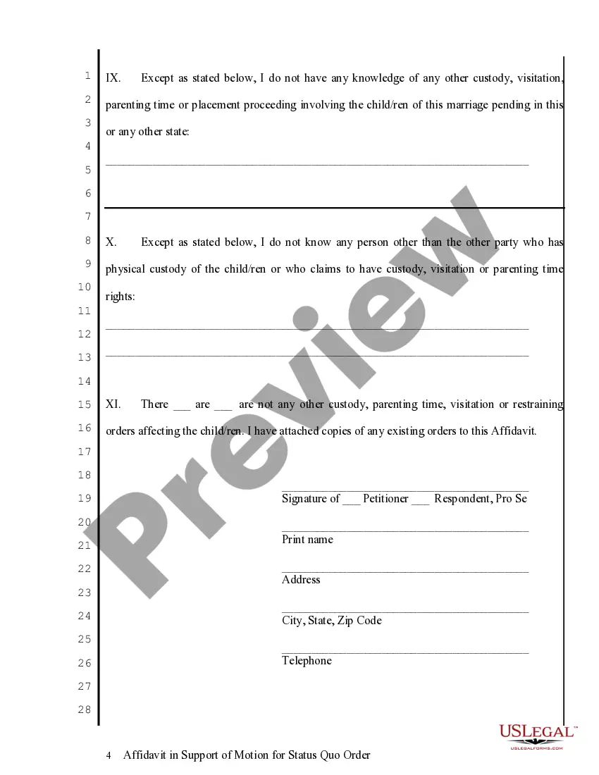 Preview Affidavit in Support of Motion for Status Quo