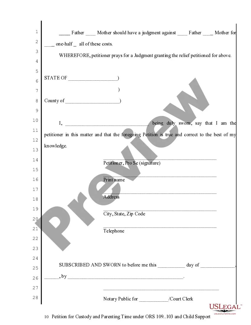 Get Petition for Custody, Parenting Time and Child Support Preview Petition for Custody, Parenting Time and Child Support