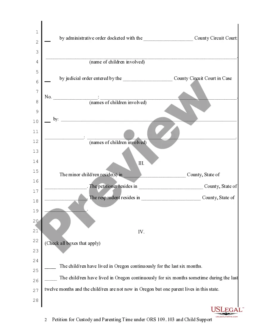 Get Petition for Custody, Parenting Time and Child Support Preview Petition for Custody, Parenting Time and Child Support