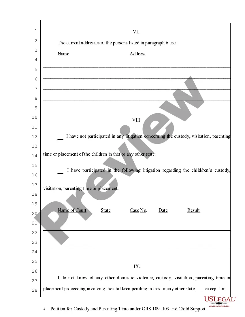 Get Petition for Custody, Parenting Time and Child Support Preview Petition for Custody, Parenting Time and Child Support