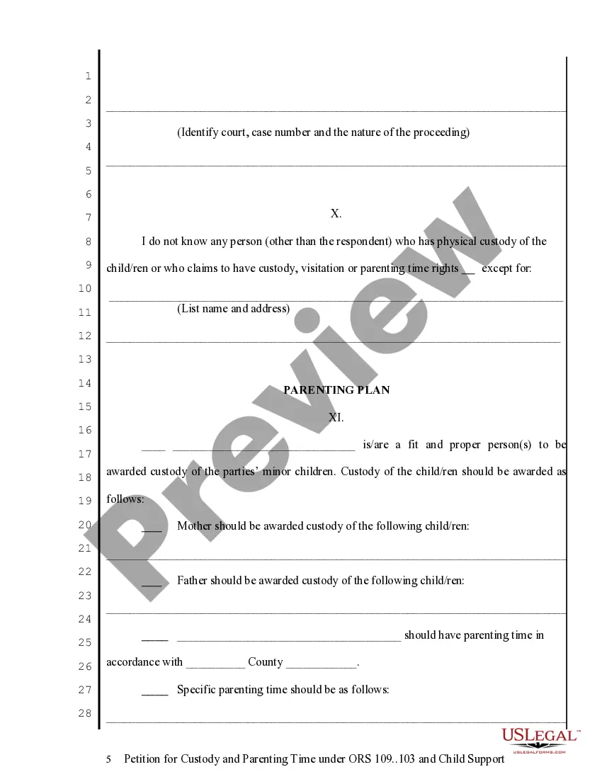 Get Petition for Custody, Parenting Time and Child Support Preview Petition for Custody, Parenting Time and Child Support