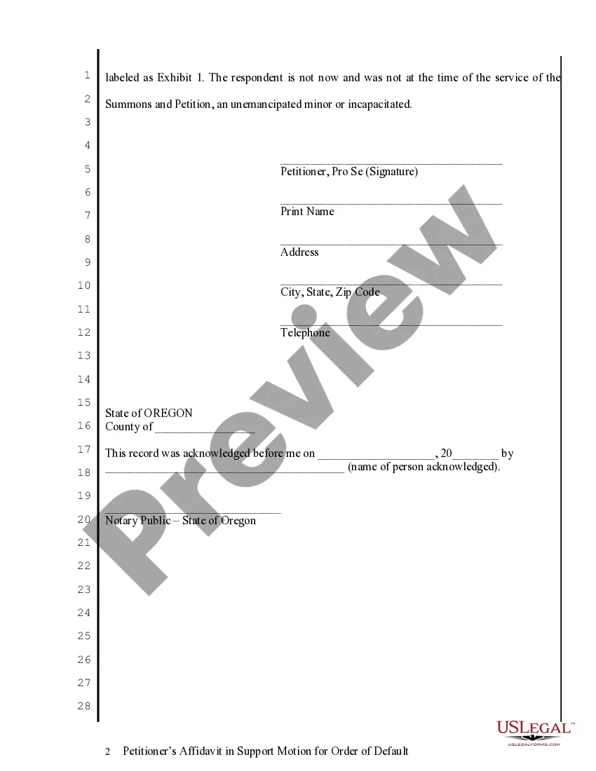 Preview Petitioner's Affidavit in Support of Motion for Order of Default