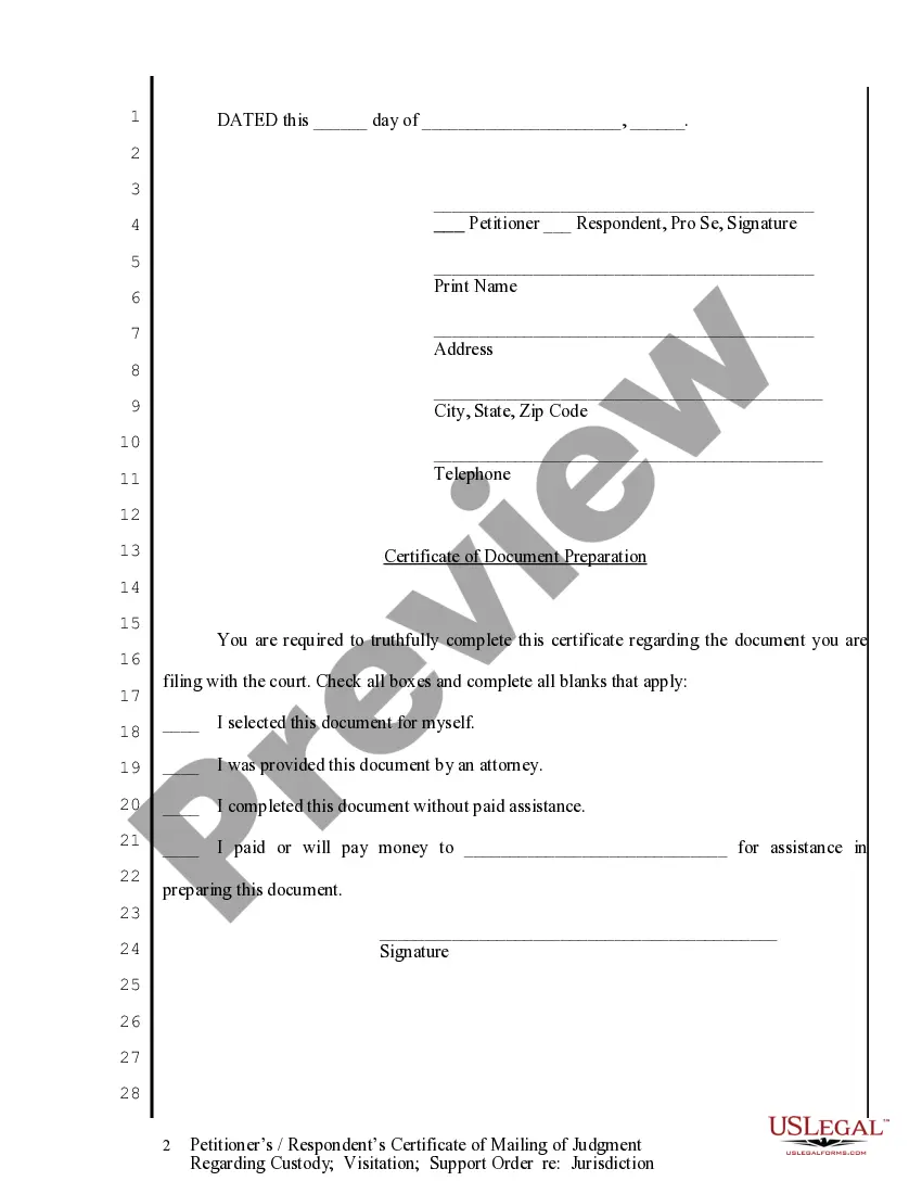 Preview Certificate of Mailing Judgment regarding Custody Visitation and Support Order regarding Jurisdiction