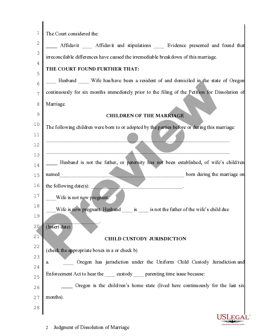 Preview Judgment of Dissolution of Marriage
