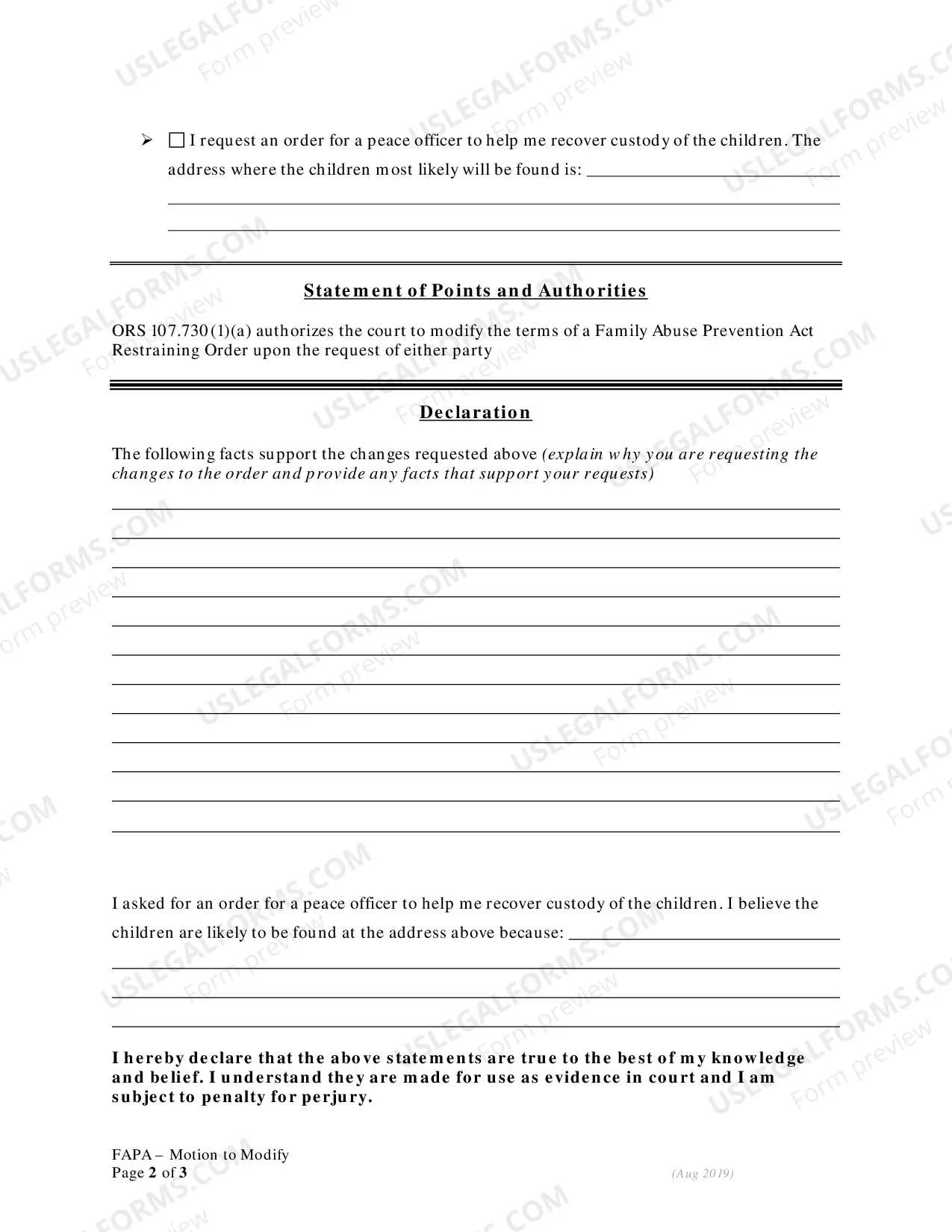 Preview Motion - Affidavit and Order to Show Cause Regarding Modifying Restraining Order