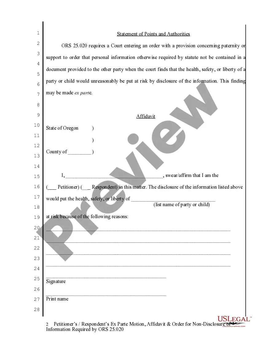 Get Ex Parte Motion - Affidavit and Order for Nondisclosure of Information Preview Ex Parte Motion - Affidavit and Order for Nondisclosure of Information