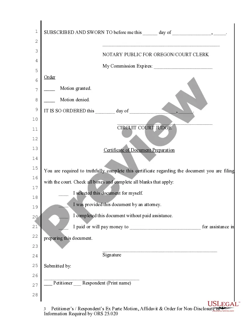 Get Ex Parte Motion - Affidavit and Order for Nondisclosure of Information Preview Ex Parte Motion - Affidavit and Order for Nondisclosure of Information
