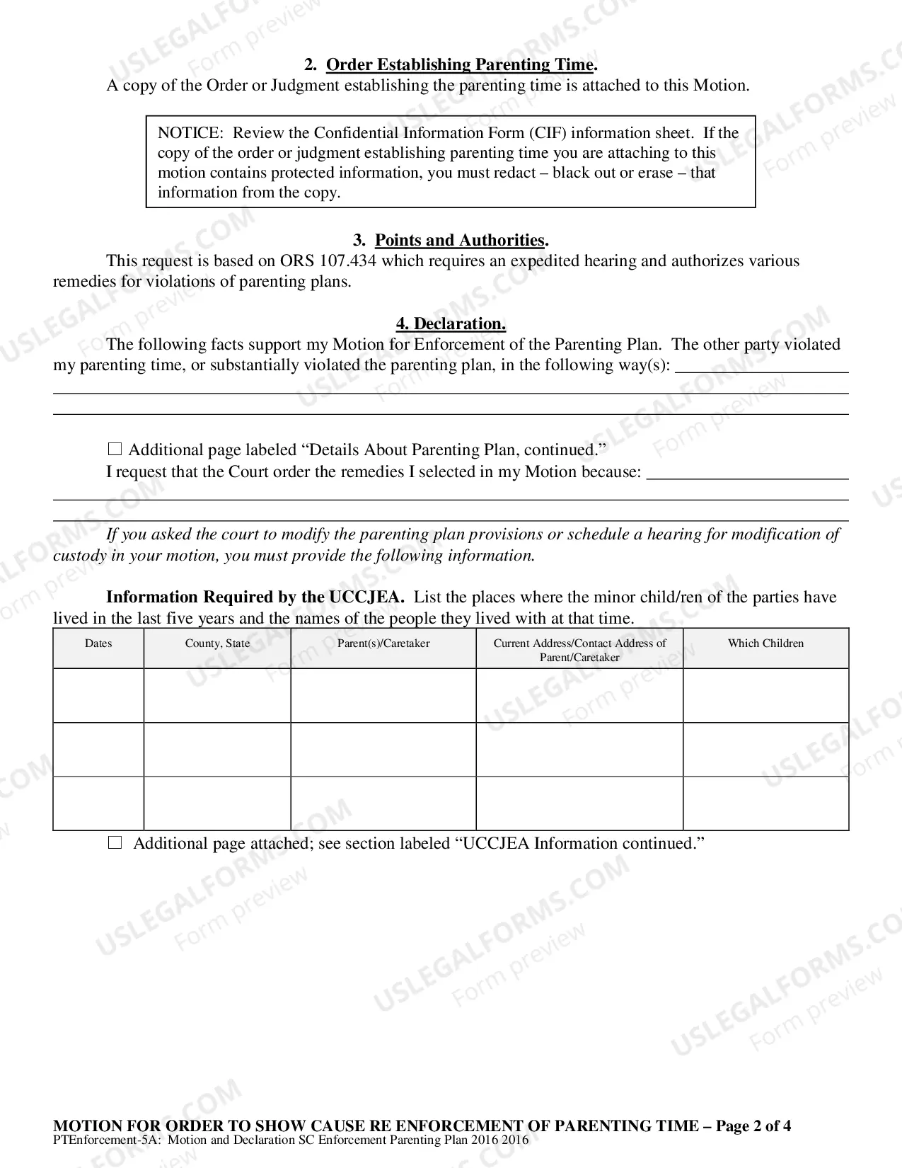 Preview Motion - Affidavit for Order to Show Cause regarding Enforcement of Parenting Plan