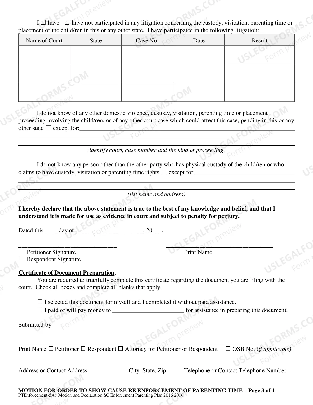 Preview Motion - Affidavit for Order to Show Cause regarding Enforcement of Parenting Plan