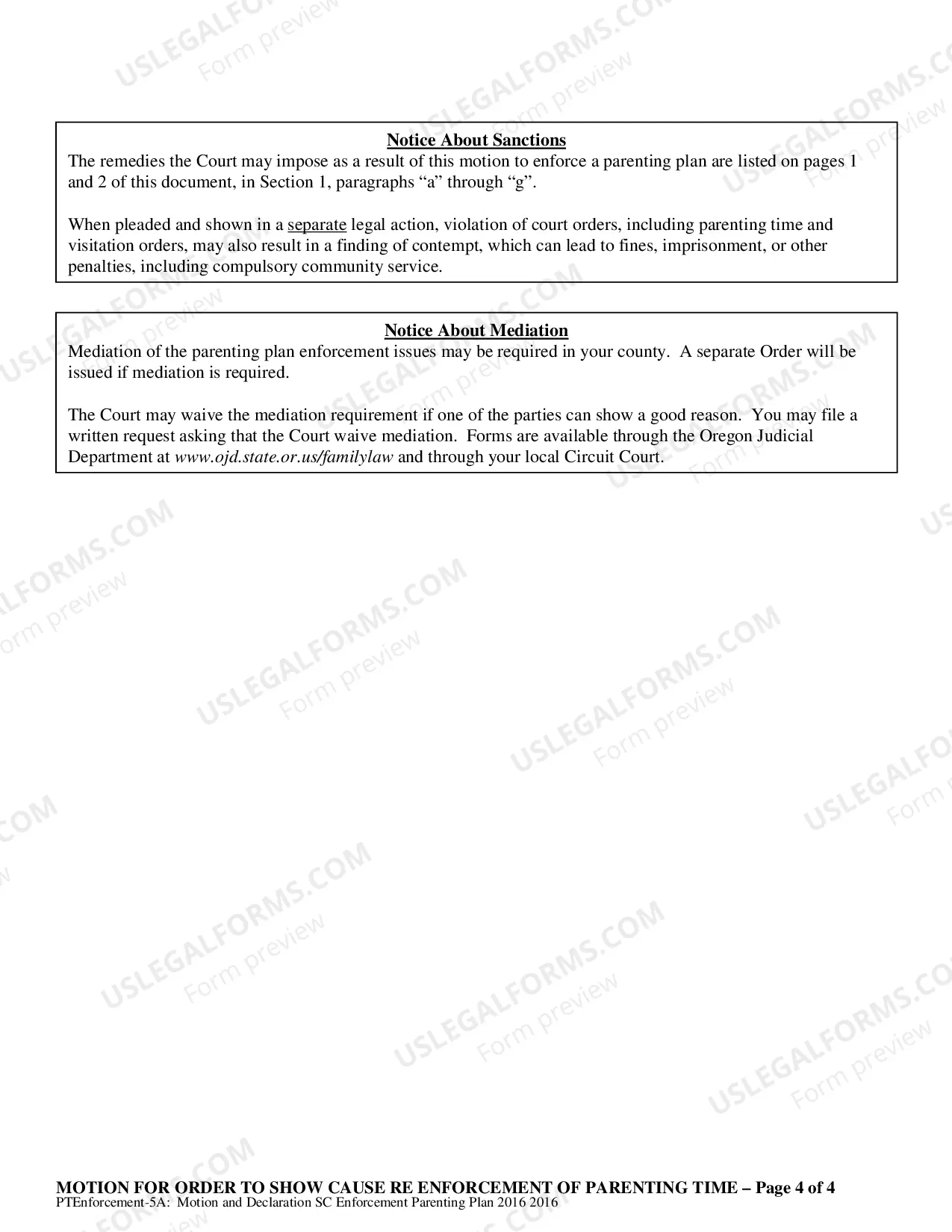 Preview Motion - Affidavit for Order to Show Cause regarding Enforcement of Parenting Plan