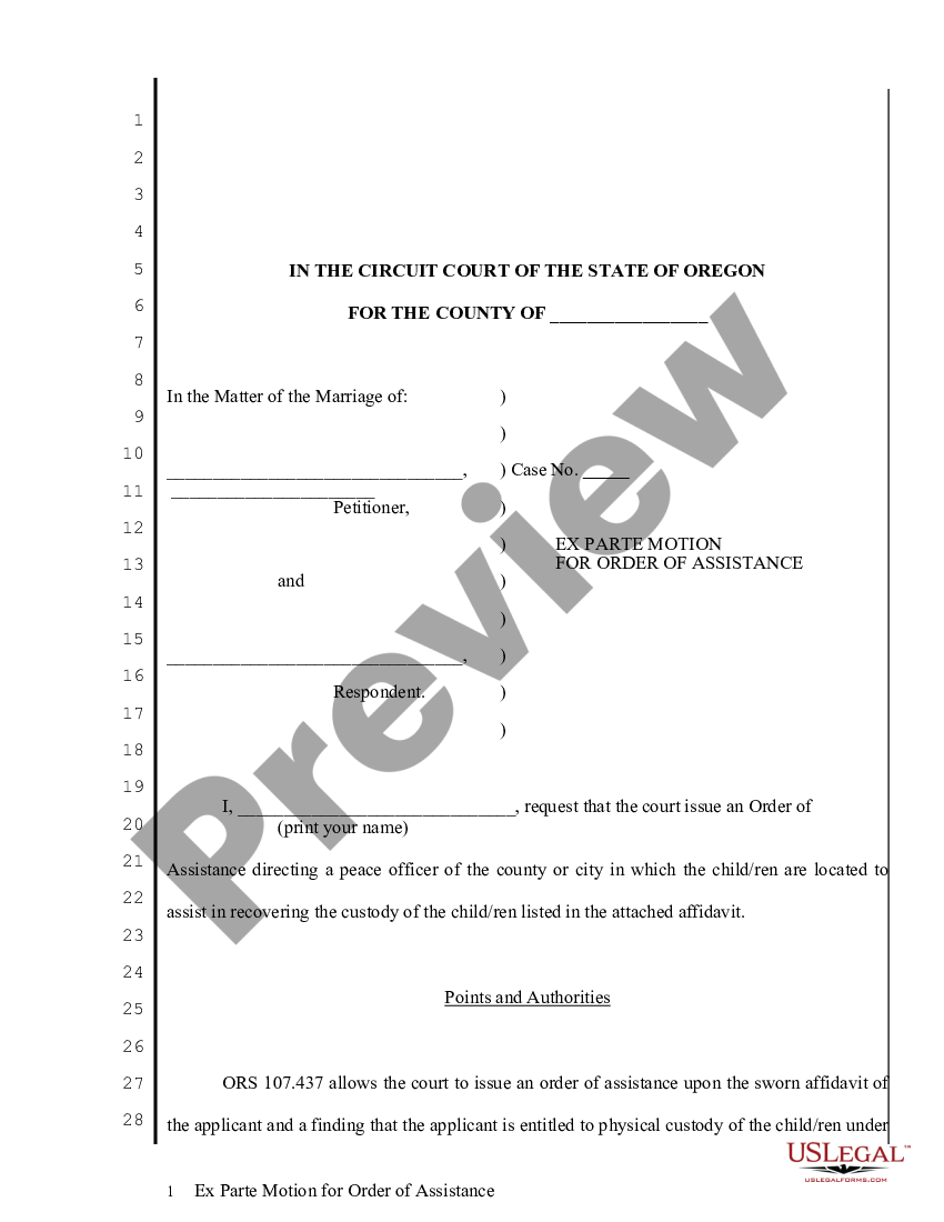 Oregon Ex Parte Motion For Order Of Assistance | US Legal Forms